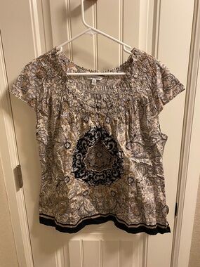 Croft Barrow XL Top 100 Cotton Blouse Tan Black Shirt Mandala